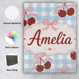Personalised Name Cherry Bow Ribbon Cute Blue Gingham Picnic Check Custom  Unique Canvas Wall Art Print Decor Picture Ready to Hang