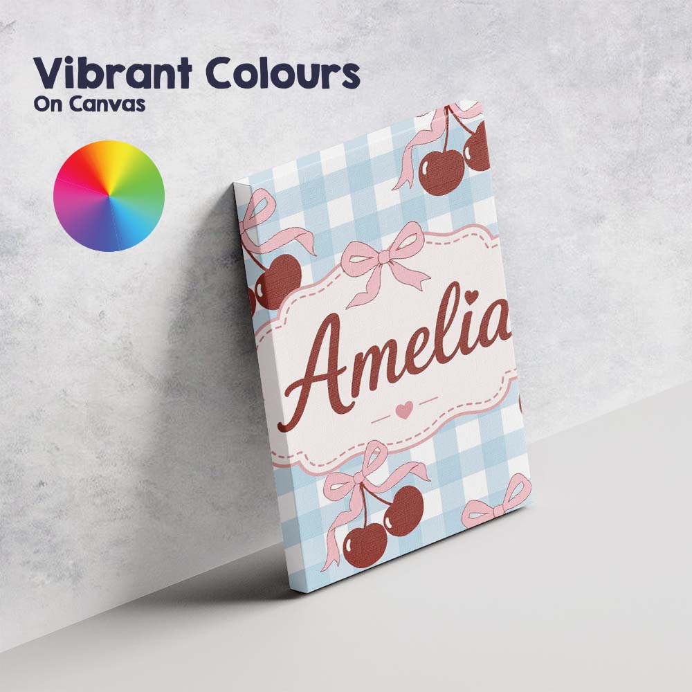 Personalised Name Cherry Bow Ribbon Cute Blue Gingham Picnic Check Custom  Unique Canvas Wall Art Print Decor Picture Ready to Hang