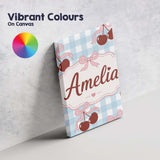 Personalised Name Cherry Bow Ribbon Cute Blue Gingham Picnic Check Custom  Unique Canvas Wall Art Print Decor Picture Ready to Hang