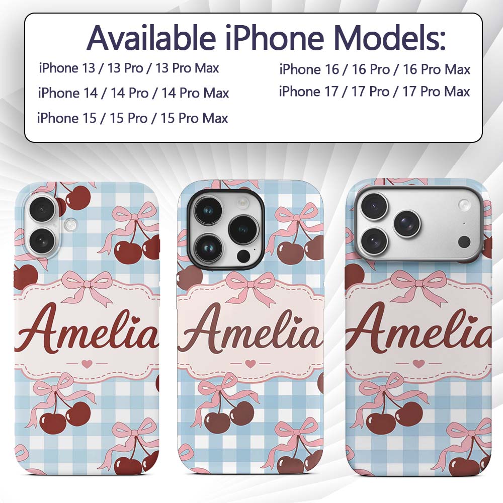 Cherry Bow Ribbon Cute Blue Gingham Picnic Check Custom Name Protective Phone Case Mobile Cover Durable Everyday Smartphone Shock Resistant
