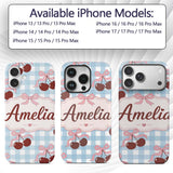 Cherry Bow Ribbon Cute Blue Gingham Picnic Check Custom Name Protective Phone Case Mobile Cover Durable Everyday Smartphone Shock Resistant