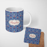 Personalized Custom Name Ornate Damask Deer with Floral Motifs Blue Background Seamless 11oz Ceramic Coffee Tea Mug White Large Handle