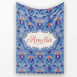 Ornate Damask Deer with Floral Motifs Blue Background Seamless  Personalised Custom Name Super Soft Fleece Blanket Bed Sofa Throw