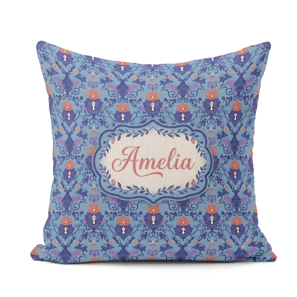 Custom Name Ornate Damask Deer with Floral Motifs Blue Seamless Square Filled Cushion Throw Pillow Sofa Bed Home Decor Zip Washable UK Made