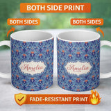 Personalized Custom Name Ornate Damask Deer with Floral Motifs Blue Background Seamless 11oz Ceramic Coffee Tea Mug White Large Handle