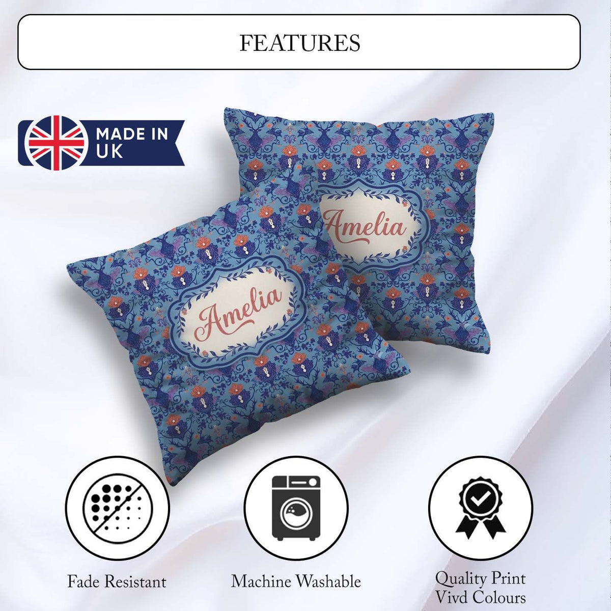 Custom Name Ornate Damask Deer with Floral Motifs Blue Seamless Square Filled Cushion Throw Pillow Sofa Bed Home Decor Zip Washable UK Made