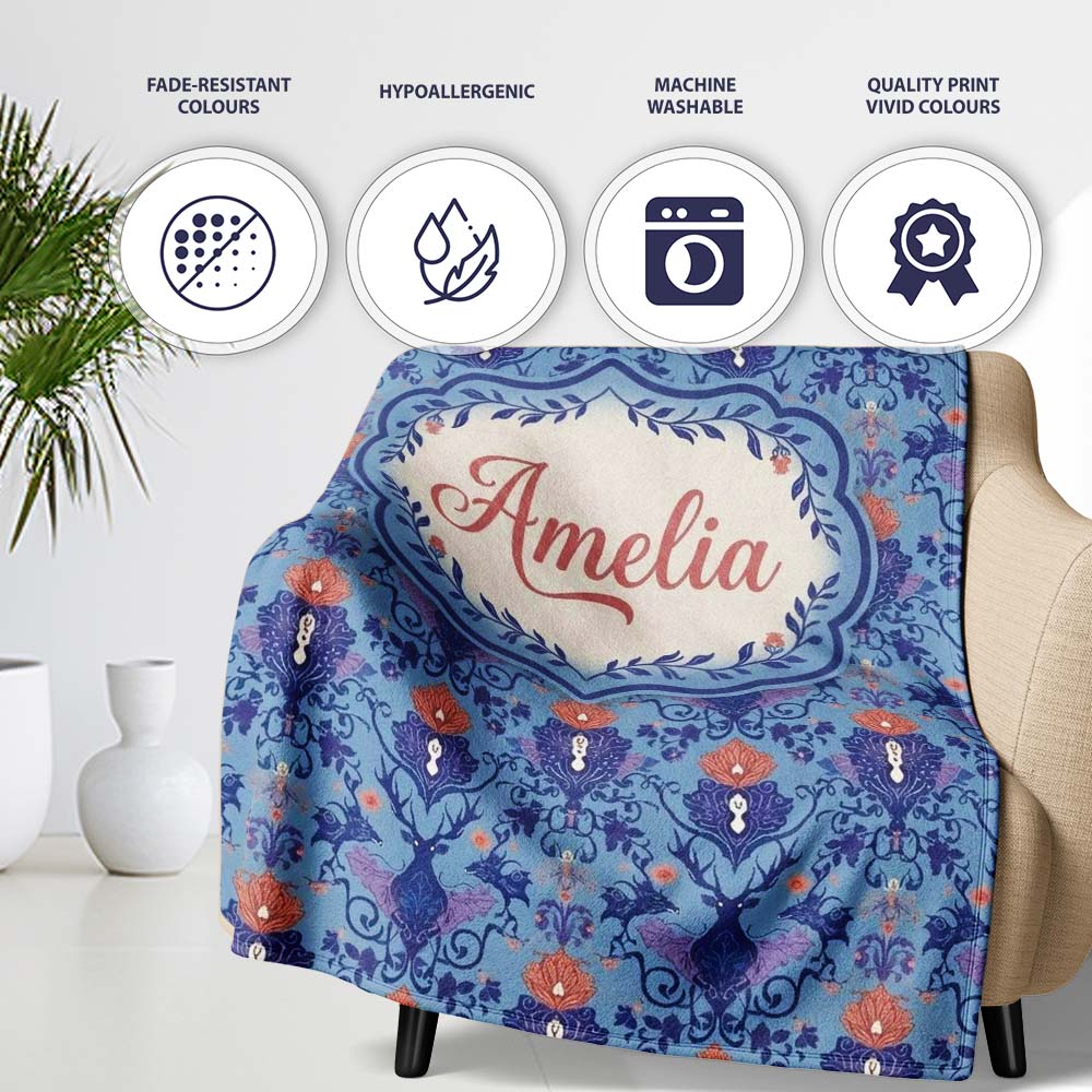 Ornate Damask Deer with Floral Motifs Blue Background Seamless  Personalised Custom Name Super Soft Fleece Blanket Bed Sofa Throw