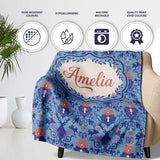 Ornate Damask Deer with Floral Motifs Blue Background Seamless  Personalised Custom Name Super Soft Fleece Blanket Bed Sofa Throw