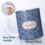 Personalized Custom Name Ornate Damask Deer with Floral Motifs Blue Background Seamless 11oz Ceramic Coffee Tea Mug White Large Handle