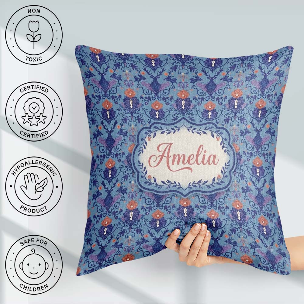 Custom Name Ornate Damask Deer with Floral Motifs Blue Seamless Square Filled Cushion Throw Pillow Sofa Bed Home Decor Zip Washable UK Made