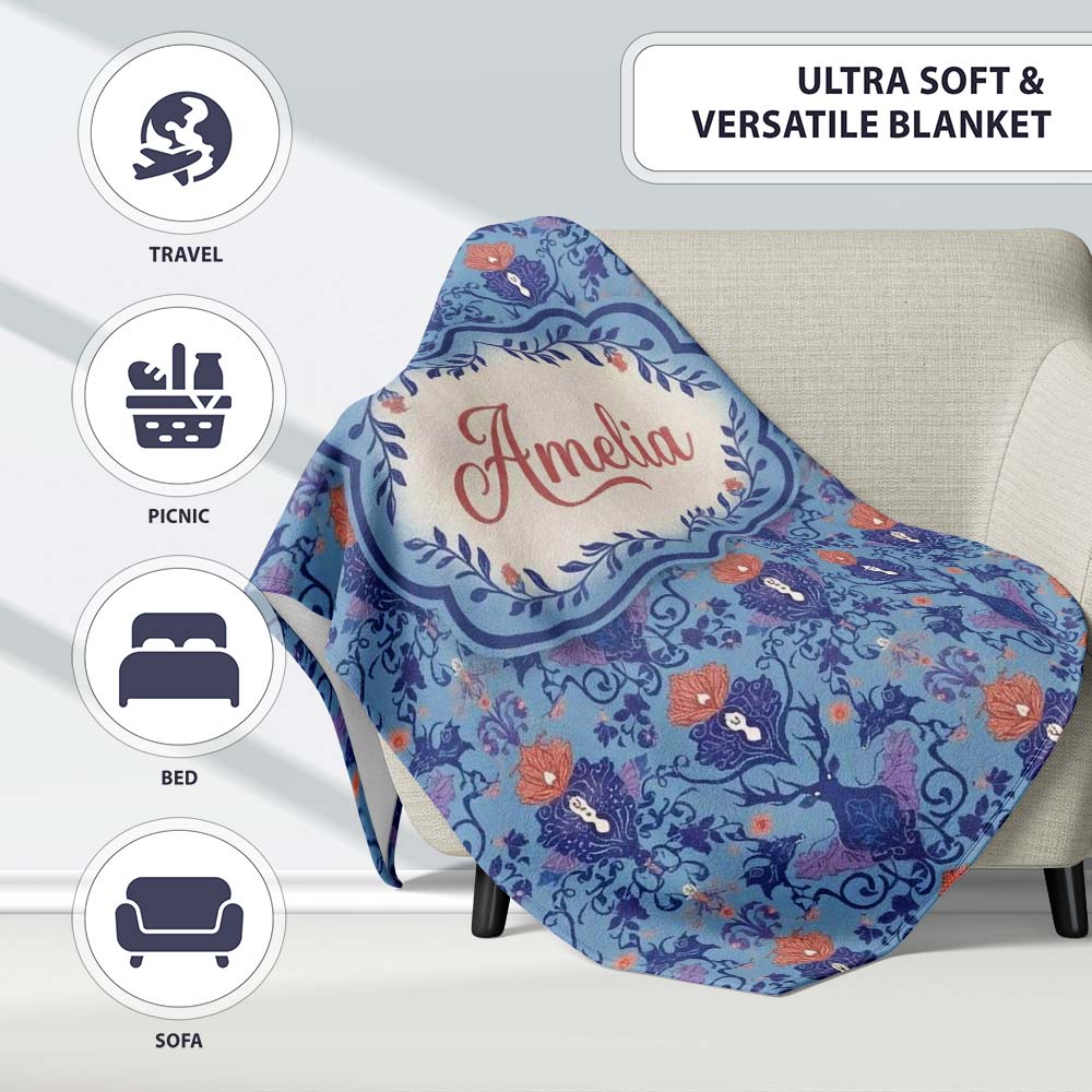 Ornate Damask Deer with Floral Motifs Blue Background Seamless  Personalised Custom Name Super Soft Fleece Blanket Bed Sofa Throw