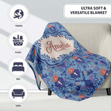 Ornate Damask Deer with Floral Motifs Blue Background Seamless  Personalised Custom Name Super Soft Fleece Blanket Bed Sofa Throw