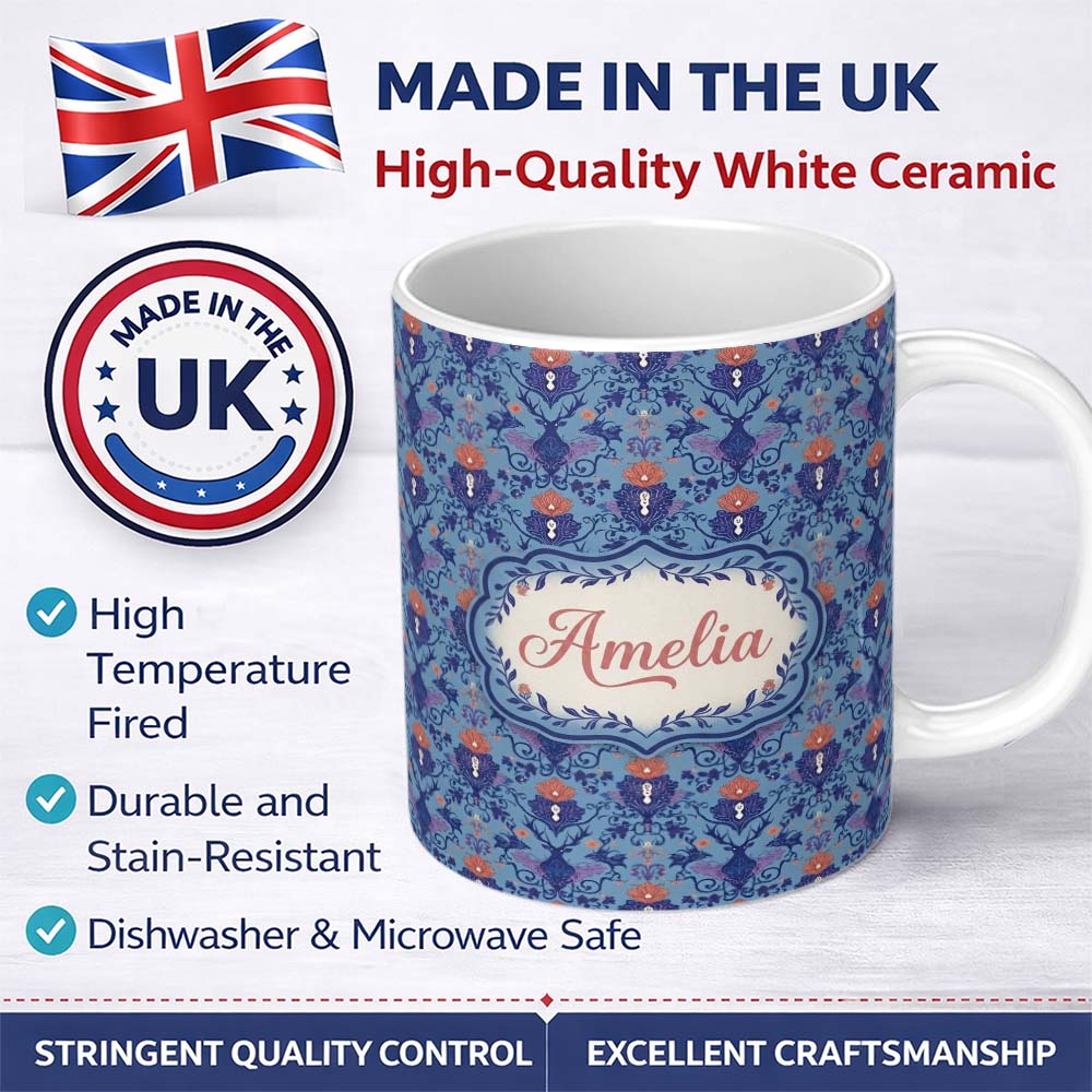 Personalized Custom Name Ornate Damask Deer with Floral Motifs Blue Background Seamless 11oz Ceramic Coffee Tea Mug White Large Handle