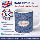 Personalized Custom Name Ornate Damask Deer with Floral Motifs Blue Background Seamless 11oz Ceramic Coffee Tea Mug White Large Handle