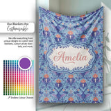 Ornate Damask Deer with Floral Motifs Blue Background Seamless  Personalised Custom Name Super Soft Fleece Blanket Bed Sofa Throw