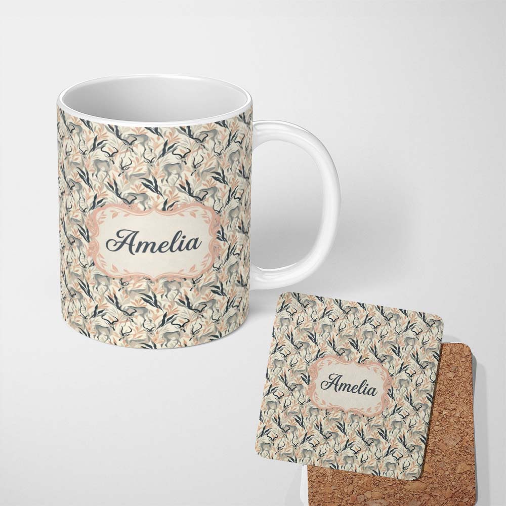 Personalized Custom Name Minimal Antelope with Soft Leaves Neutral Background Seamless 11oz Ceramic Coffee Tea Mug White Large Handle