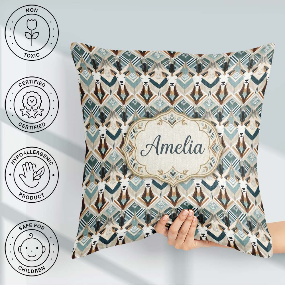 Custom Name Geometric Antelope Head Art Deco Style Seamless Name Square Filled Cushion Throw Pillow Sofa Bed Home Decor Zip Washable UK Made