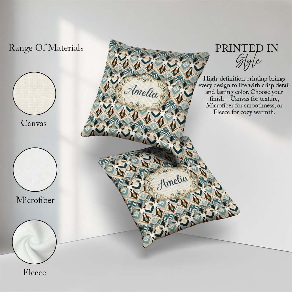 Custom Name Geometric Antelope Head Art Deco Style Seamless Name Square Filled Cushion Throw Pillow Sofa Bed Home Decor Zip Washable UK Made