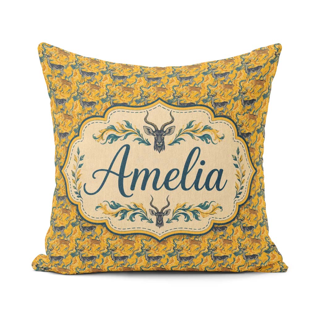 Custom Name Abstract Antelope with Flowing Waves Golden Seamless Square Filled Cushion Throw Pillow Sofa Bed Home Decor Zip Washable UK Made