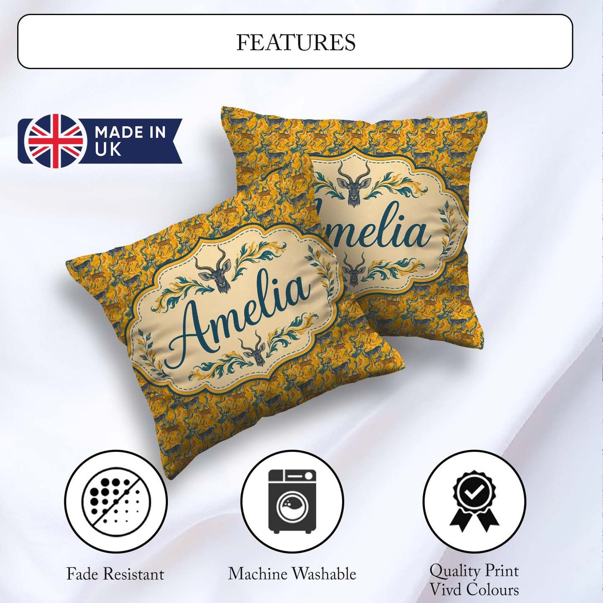 Custom Name Abstract Antelope with Flowing Waves Golden Seamless Square Filled Cushion Throw Pillow Sofa Bed Home Decor Zip Washable UK Made