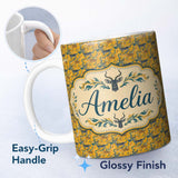 Personalized Custom Name Abstract Antelope with Flowing Waves Golden Background Seamless 11oz Ceramic Coffee Tea Mug White Large Handle