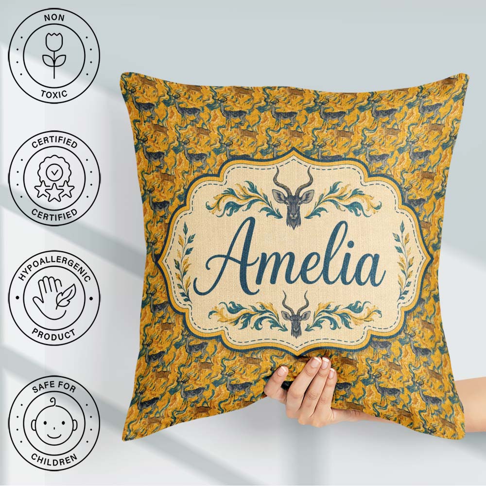 Custom Name Abstract Antelope with Flowing Waves Golden Seamless Square Filled Cushion Throw Pillow Sofa Bed Home Decor Zip Washable UK Made