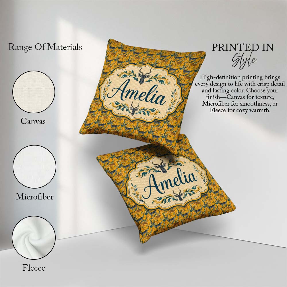 Custom Name Abstract Antelope with Flowing Waves Golden Seamless Square Filled Cushion Throw Pillow Sofa Bed Home Decor Zip Washable UK Made