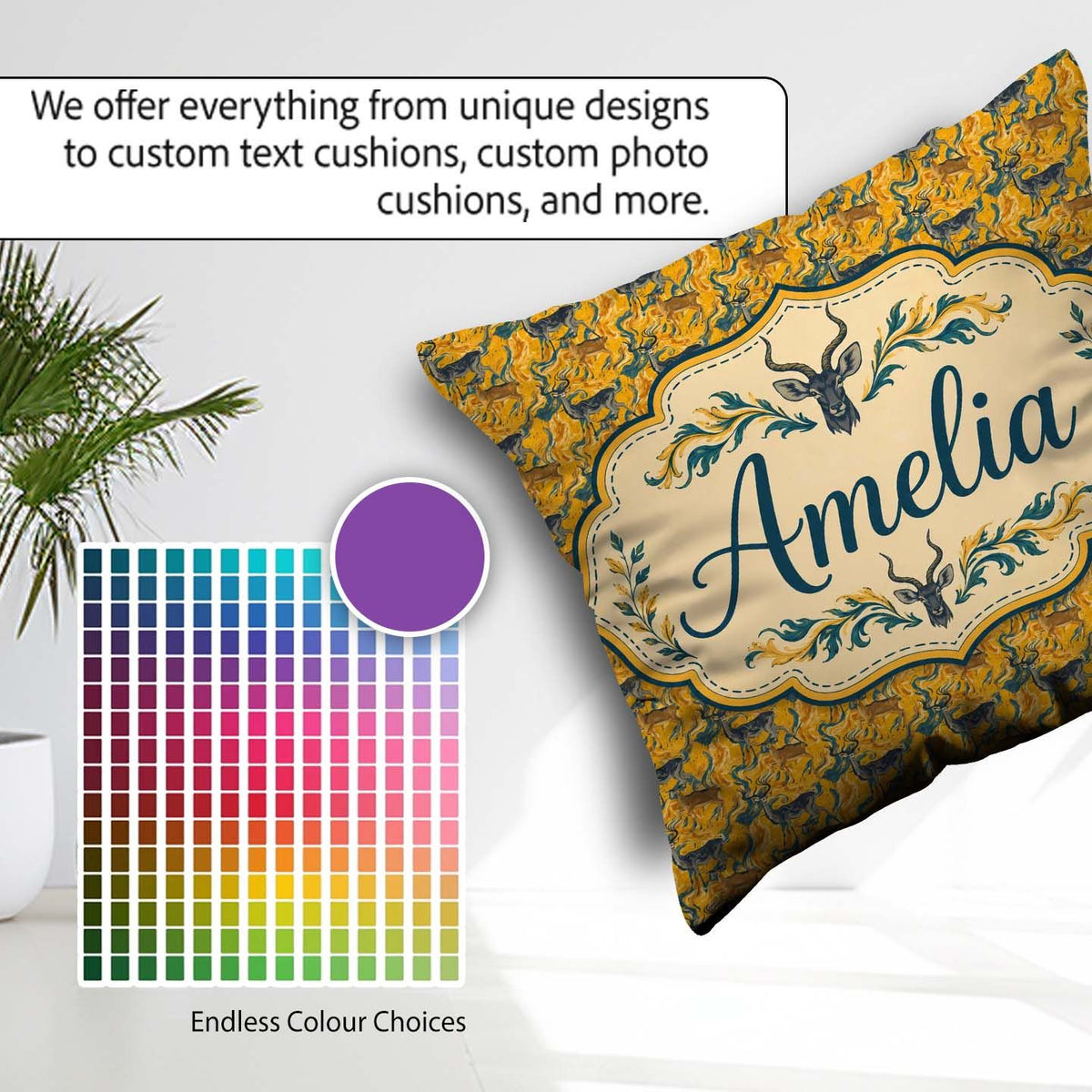 Custom Name Abstract Antelope with Flowing Waves Golden Seamless Square Filled Cushion Throw Pillow Sofa Bed Home Decor Zip Washable UK Made