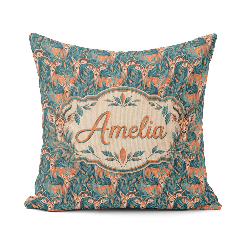 Custom Name Impala Deer in Lush Jungle Leaves Seamless Name Cute Square Filled Cushion Throw Pillow Sofa Bed Home Decor Zip Washable UK Made