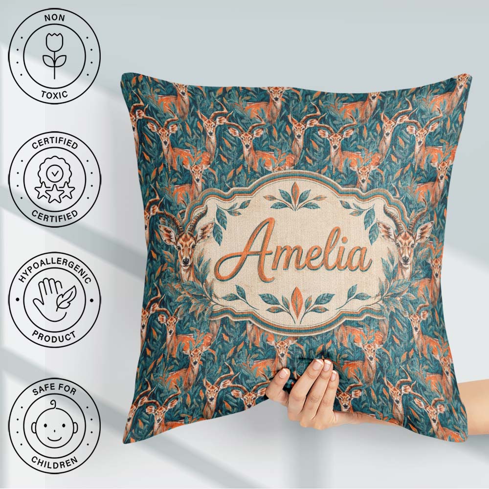 Custom Name Impala Deer in Lush Jungle Leaves Seamless Name Cute Square Filled Cushion Throw Pillow Sofa Bed Home Decor Zip Washable UK Made