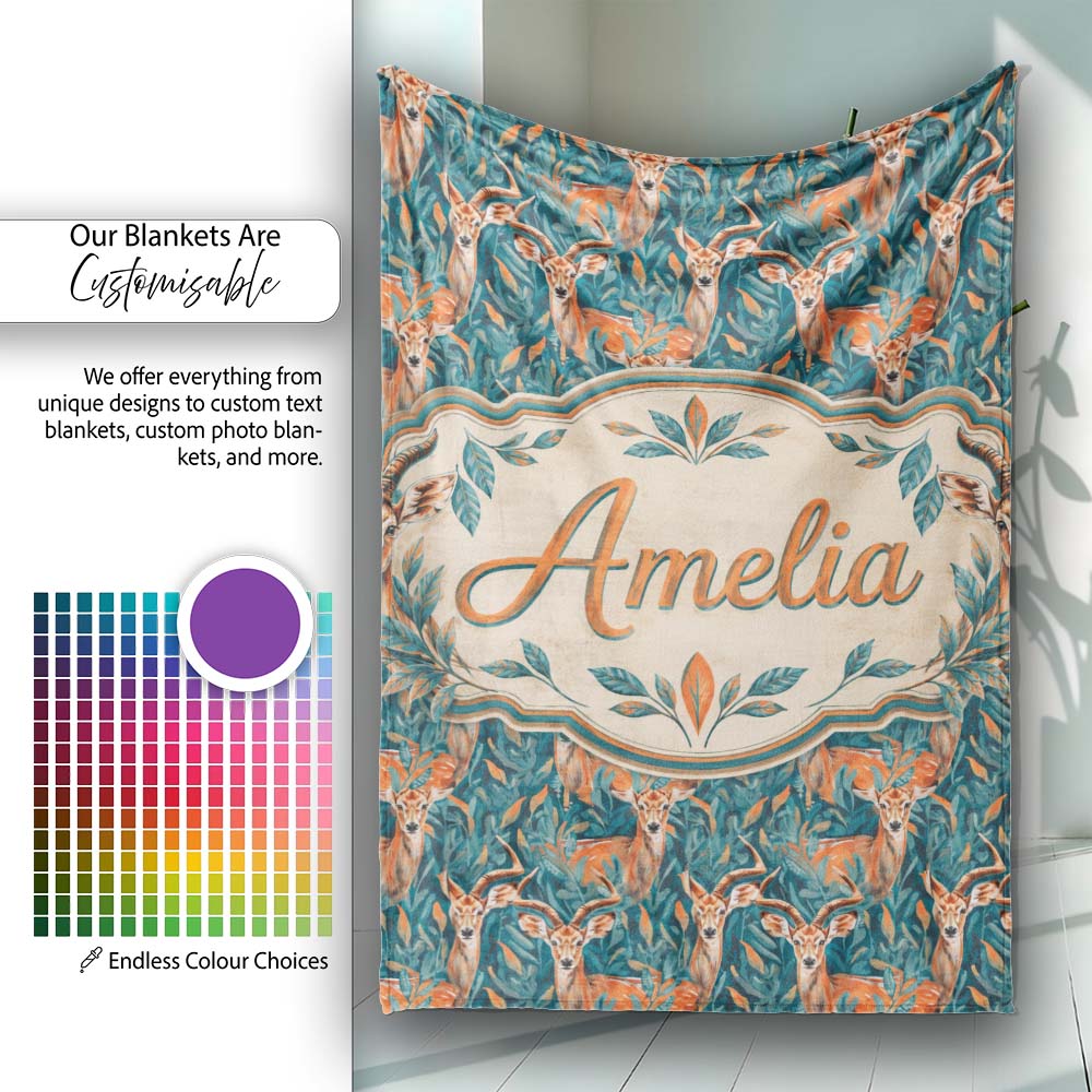 Vibrant Impala Deer in Lush Jungle Leaves Seamless Pattern Name Cute  Personalised Custom Name Super Soft Fleece Blanket Bed Sofa Throw