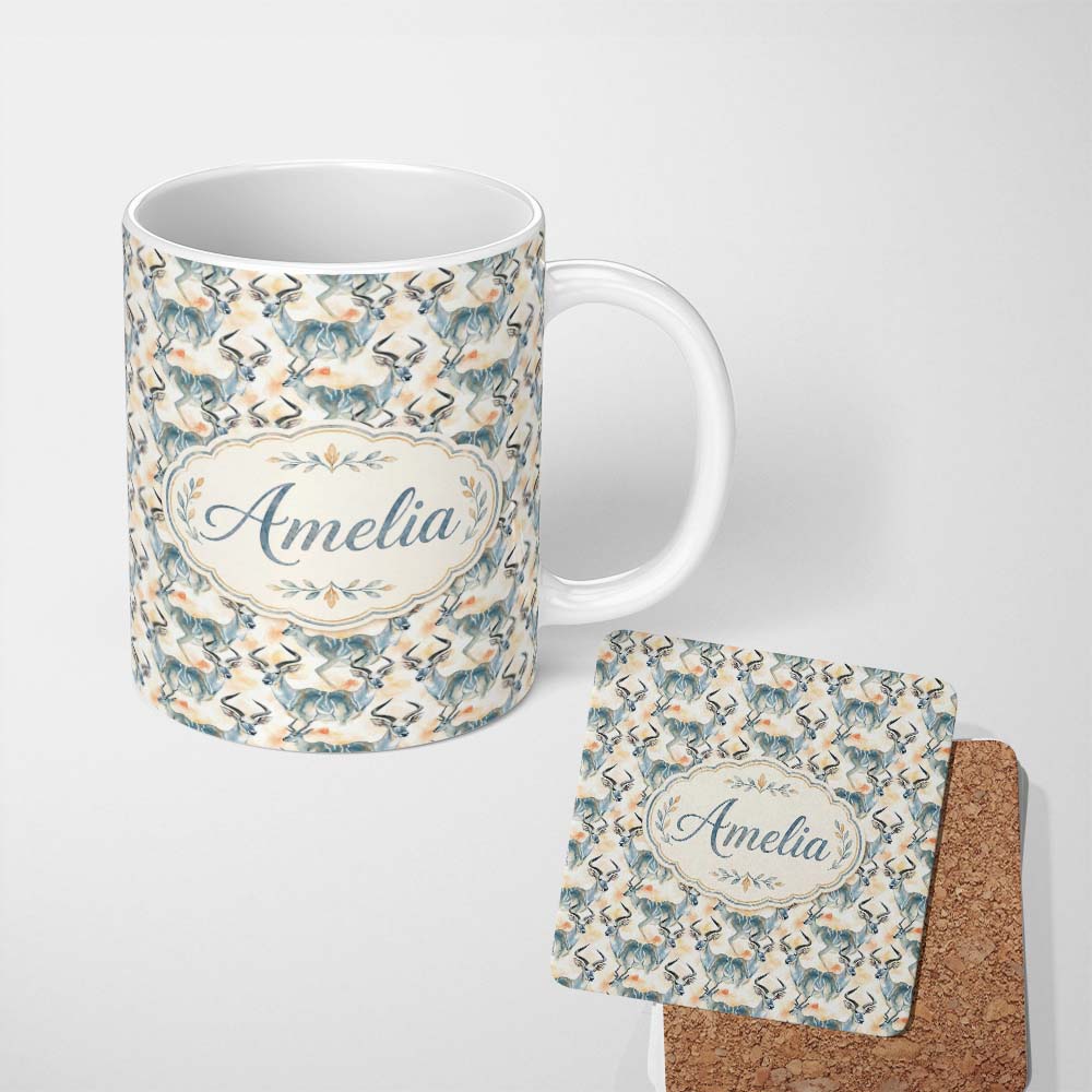 Personalized Custom Name Watercolor Antelope with Soft Pastel Background Seamless Pattern 11oz Ceramic Coffee Tea Mug White Large Handle