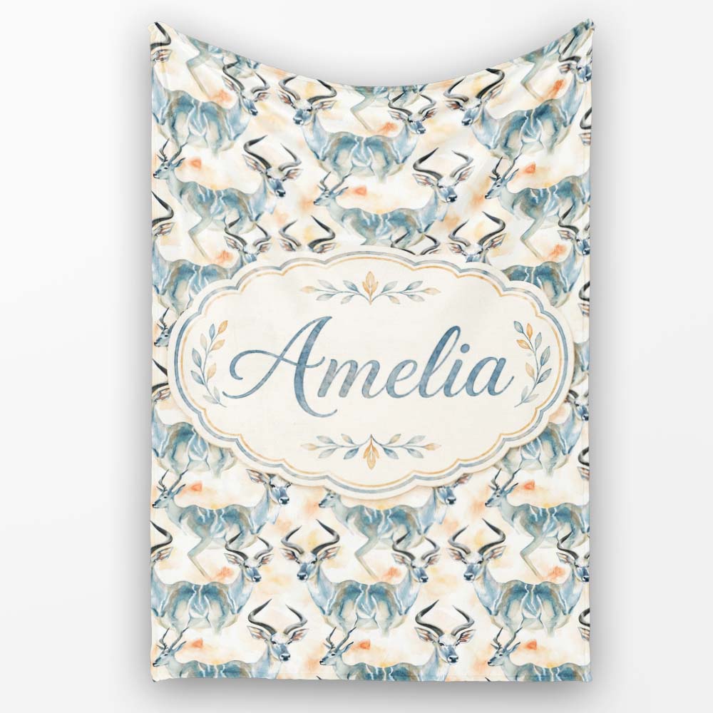 Watercolor Antelope with Soft Pastel Background Seamless Pattern  Personalised Custom Name Super Soft Fleece Blanket Bed Sofa Throw