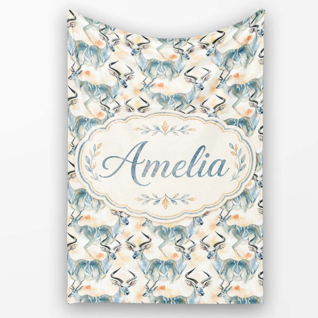 Watercolor Antelope with Soft Pastel Background Seamless Pattern  Personalised Custom Name Super Soft Fleece Blanket Bed Sofa Throw