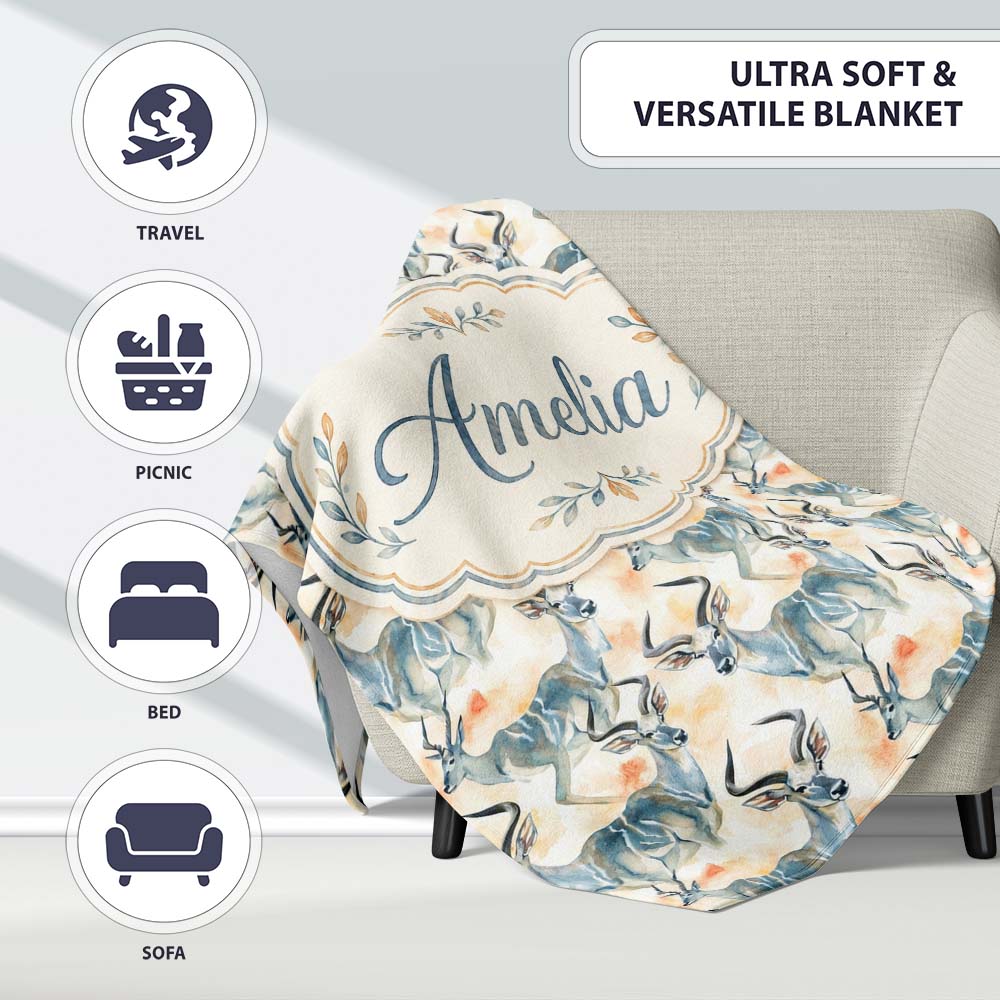 Watercolor Antelope with Soft Pastel Background Seamless Pattern  Personalised Custom Name Super Soft Fleece Blanket Bed Sofa Throw