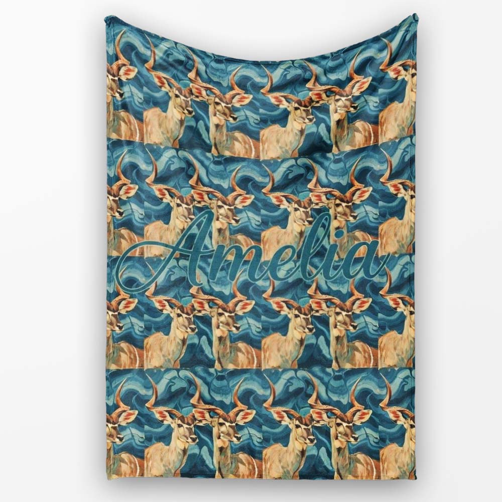 Elegant Kudu Antelope with Blue Marble Texture Seamless Pattern  Personalised Custom Name Super Soft Fleece Blanket Bed Sofa Throw