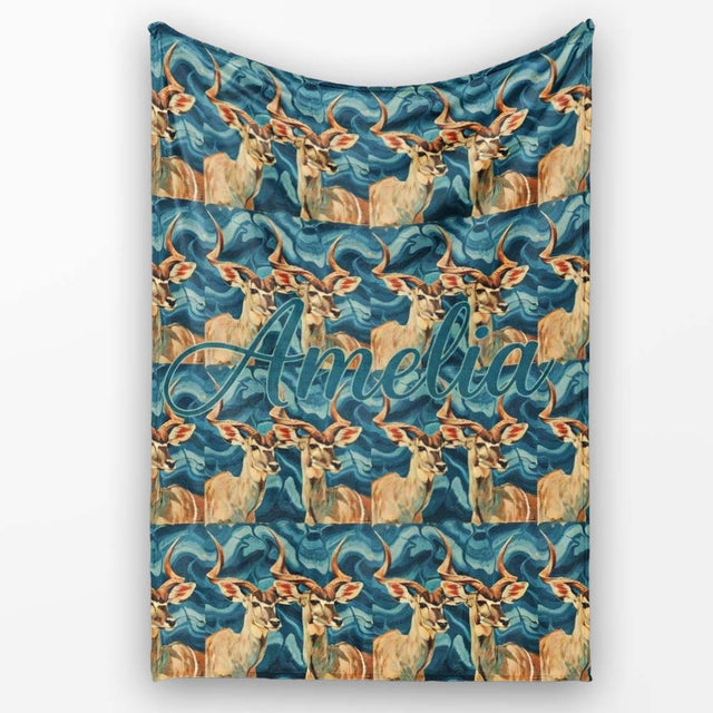 Elegant Kudu Antelope with Blue Marble Texture Seamless Pattern  Personalised Custom Name Super Soft Fleece Blanket Bed Sofa Throw
