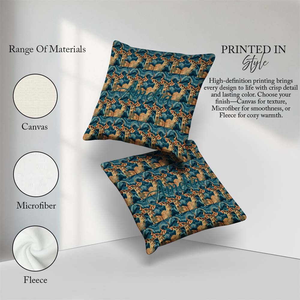 Custom Name Elegant Kudu Antelope with Texture Seamless Pattern Square Filled Cushion Throw Pillow Sofa Bed Home Decor Zip Washable UK Made