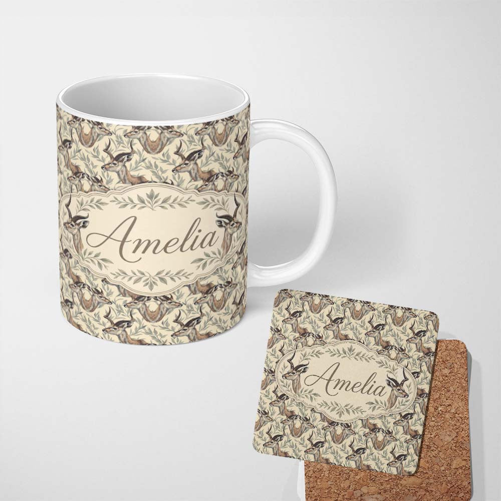 Personalized Custom Name Natural Gazelle with Botanical Leaves Neutral Background Seamless 11oz Ceramic Coffee Tea Mug White Large Handle
