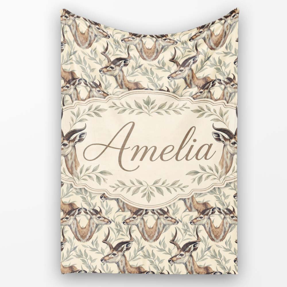 Natural Gazelle with Botanical Leaves Neutral Background Seamless  Personalised Custom Name Super Soft Fleece Blanket Bed Sofa Throw