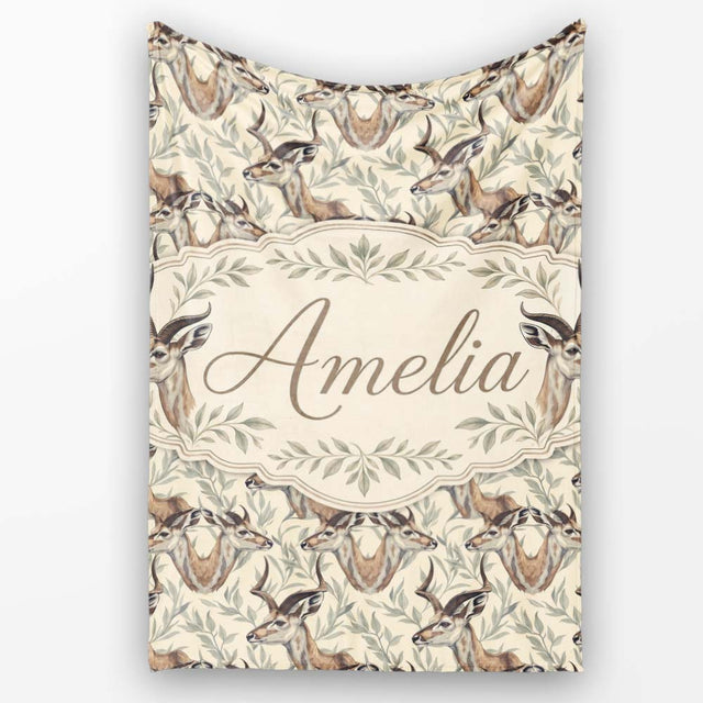 Natural Gazelle with Botanical Leaves Neutral Background Seamless  Personalised Custom Name Super Soft Fleece Blanket Bed Sofa Throw