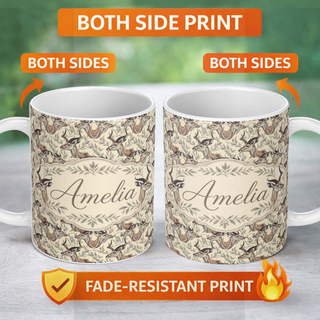 Personalized Custom Name Natural Gazelle with Botanical Leaves Neutral Background Seamless 11oz Ceramic Coffee Tea Mug White Large Handle