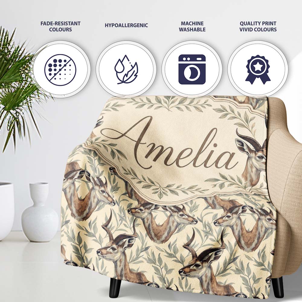 Natural Gazelle with Botanical Leaves Neutral Background Seamless  Personalised Custom Name Super Soft Fleece Blanket Bed Sofa Throw
