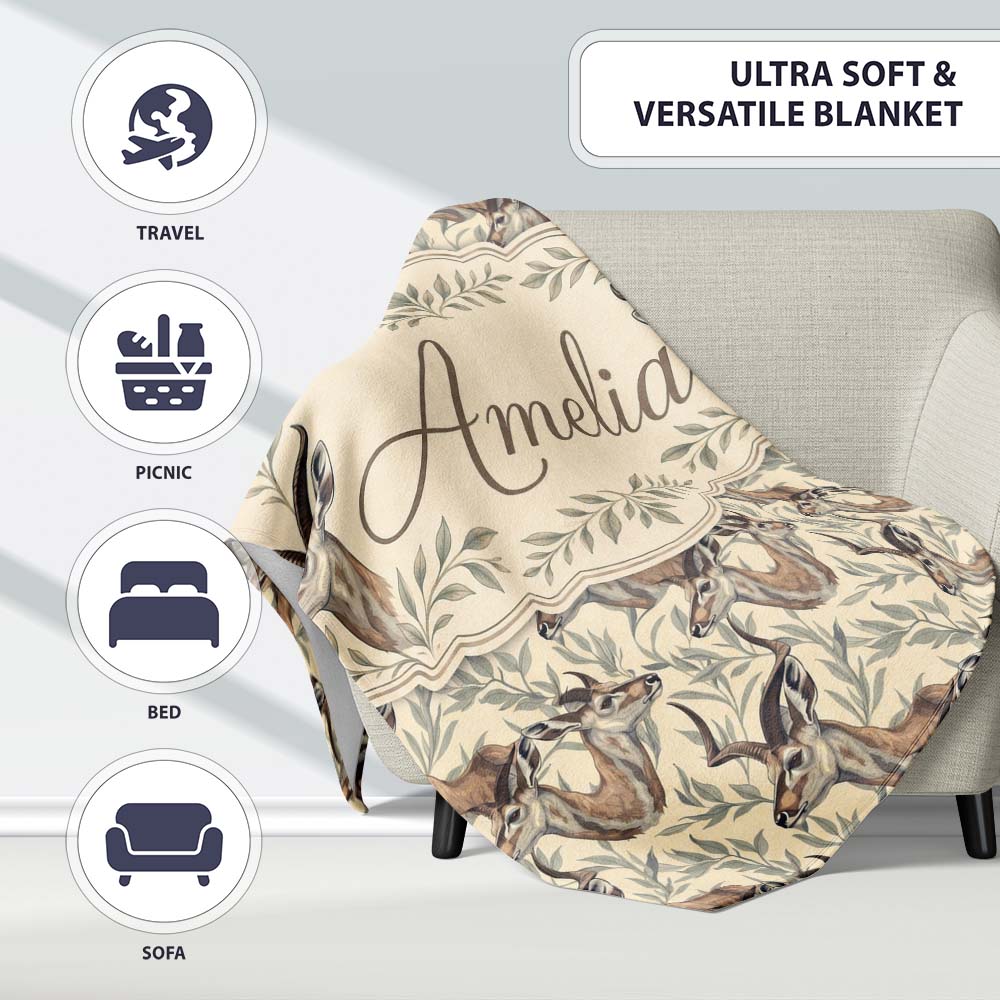 Natural Gazelle with Botanical Leaves Neutral Background Seamless  Personalised Custom Name Super Soft Fleece Blanket Bed Sofa Throw