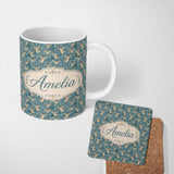 Personalized Custom Name Minimal Antelope Heads on Textured Blue Background Seamless Pattern 11oz Ceramic Coffee Tea Mug White Large Handle
