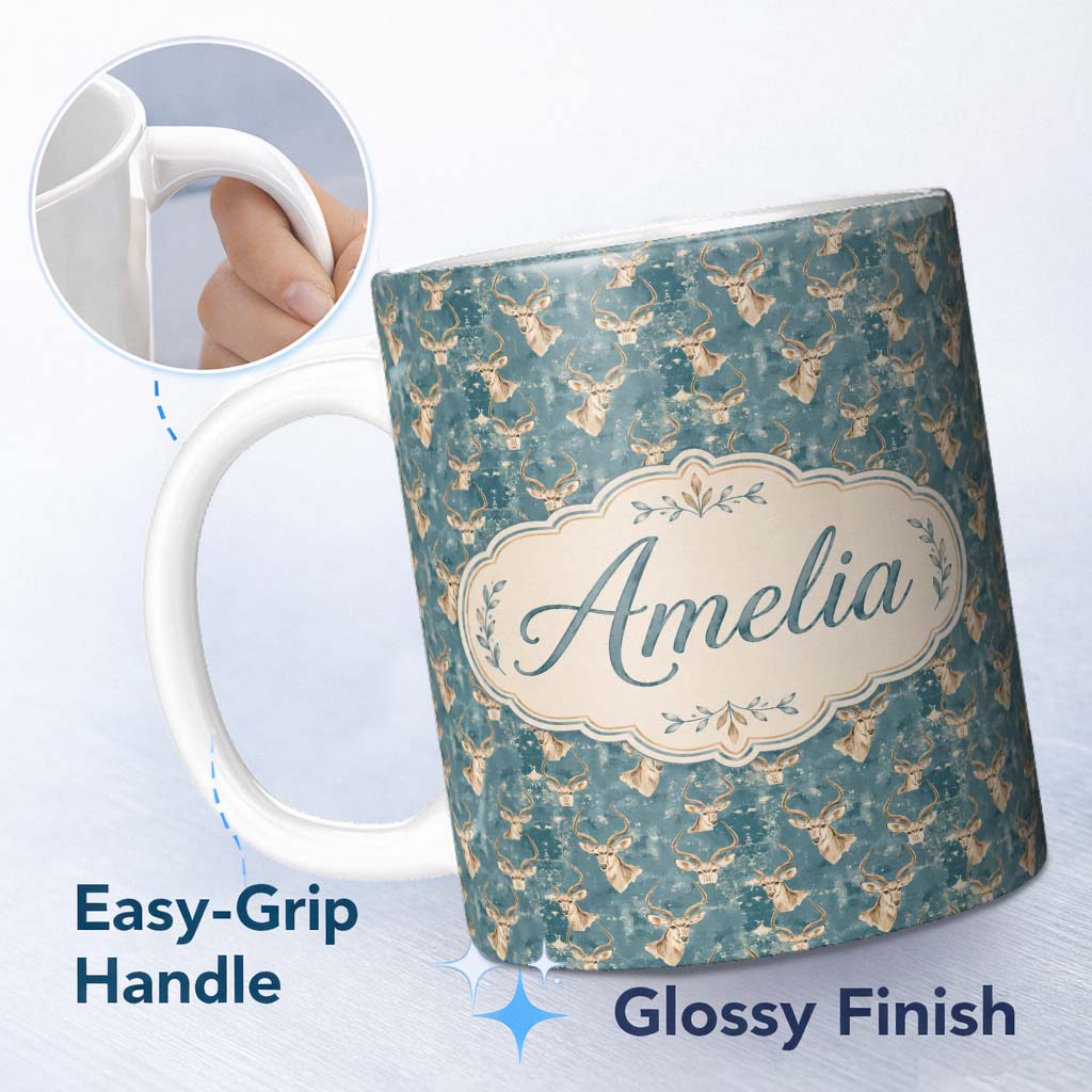 Personalized Custom Name Minimal Antelope Heads on Textured Blue Background Seamless Pattern 11oz Ceramic Coffee Tea Mug White Large Handle