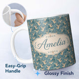 Personalized Custom Name Minimal Antelope Heads on Textured Blue Background Seamless Pattern 11oz Ceramic Coffee Tea Mug White Large Handle