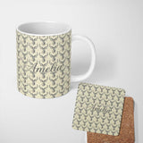 Personalized Custom Name Classic Deer Head Motif on Subtle Damask Background Seamless 11oz Ceramic Coffee Tea Mug White Large Handle