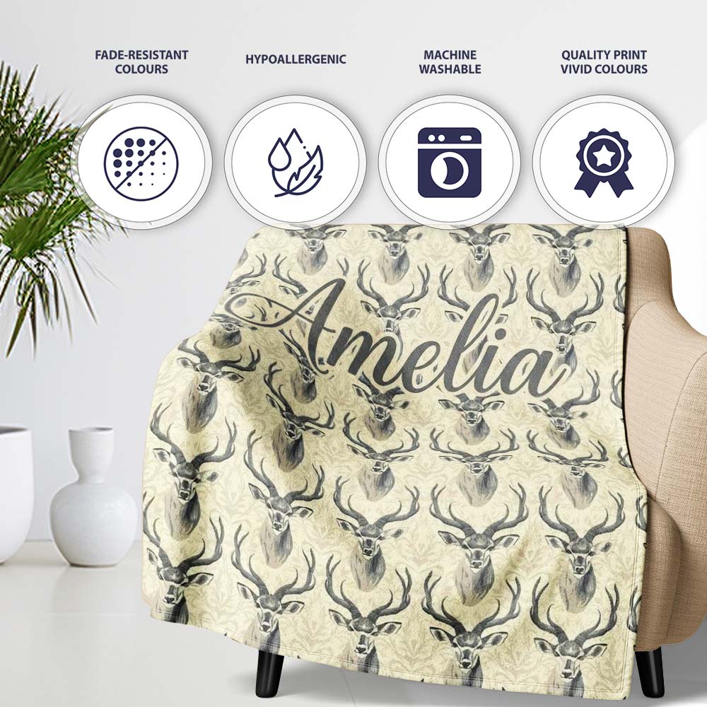 Classic Deer Head Motif on Subtle Damask Background Seamless  Personalised Custom Name Super Soft Fleece Blanket Bed Sofa Throw