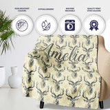 Classic Deer Head Motif on Subtle Damask Background Seamless  Personalised Custom Name Super Soft Fleece Blanket Bed Sofa Throw
